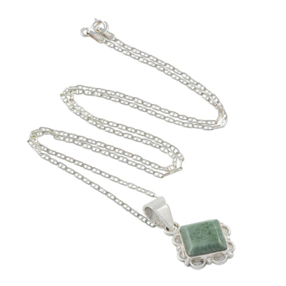 Light Green Floral Diamond Diamond Shaped Light Green Floral Jade and Silver Necklace