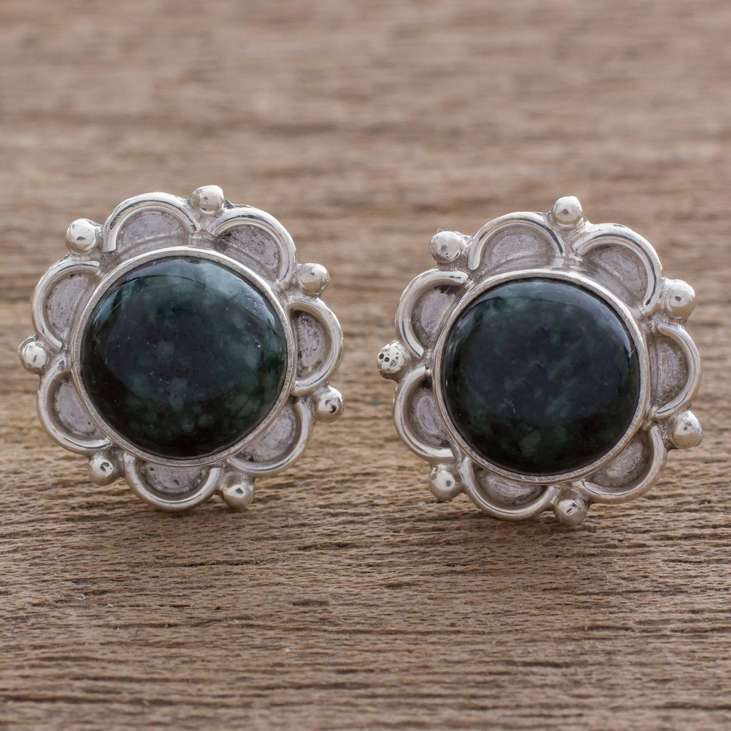 Dark Forest Princess Sterling Silver Floral Button Earrings with Dark Green Jade