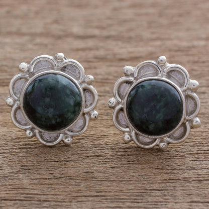 Dark Forest Princess Sterling Silver Floral Button Earrings with Dark Green Jade