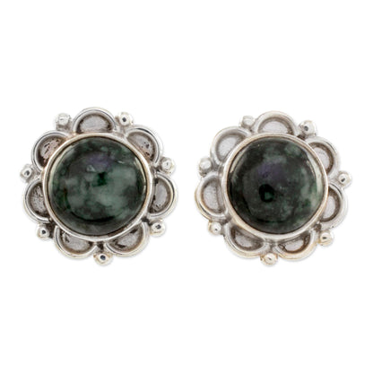 Dark Forest Princess Sterling Silver Floral Button Earrings with Dark Green Jade