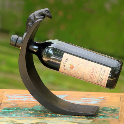 Black Lizard Hand Crafted Wood Bottle Holder with Lizard from Indonesia