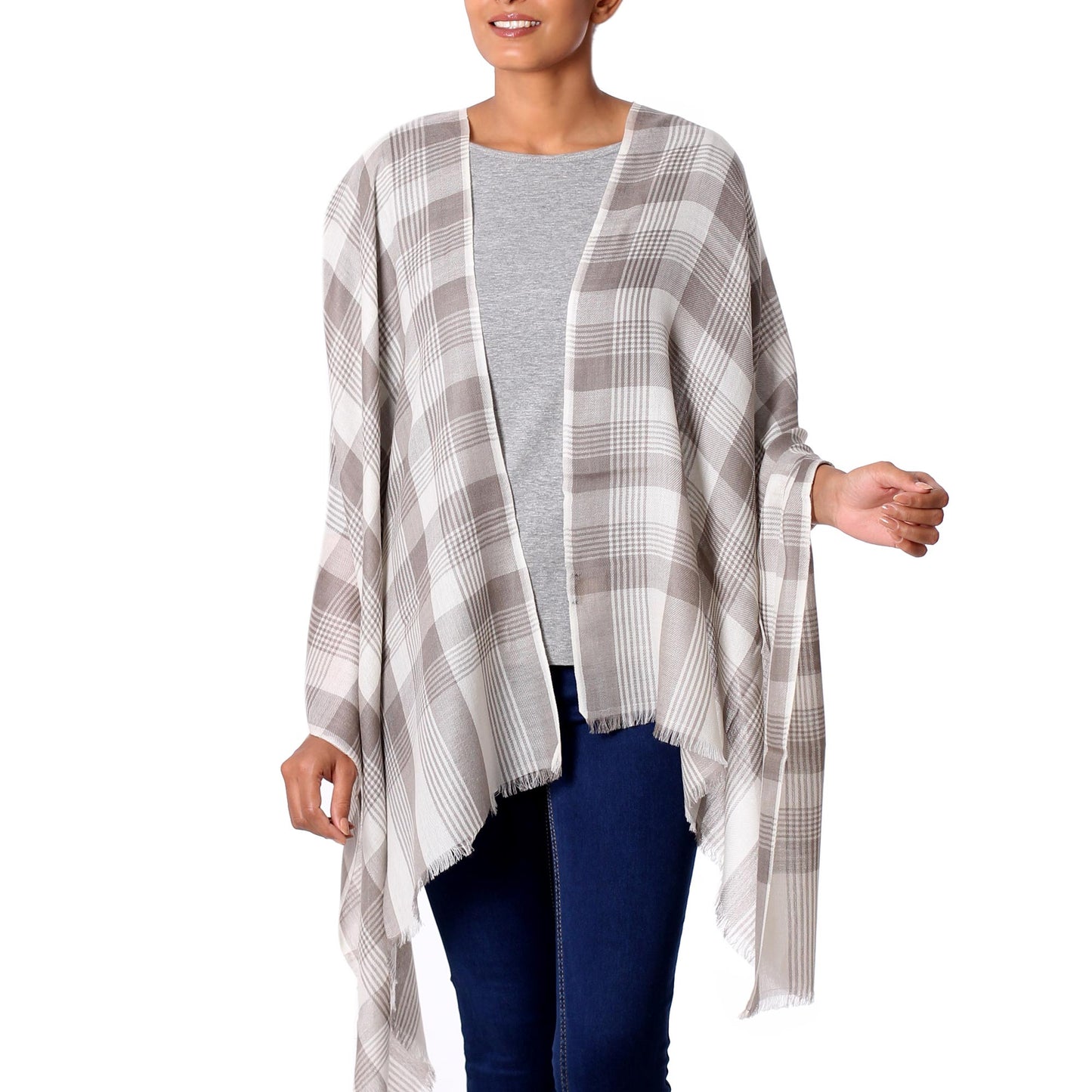 Checkered Grace Wool Taupe Checkered Pattern Traditional Shawl from India