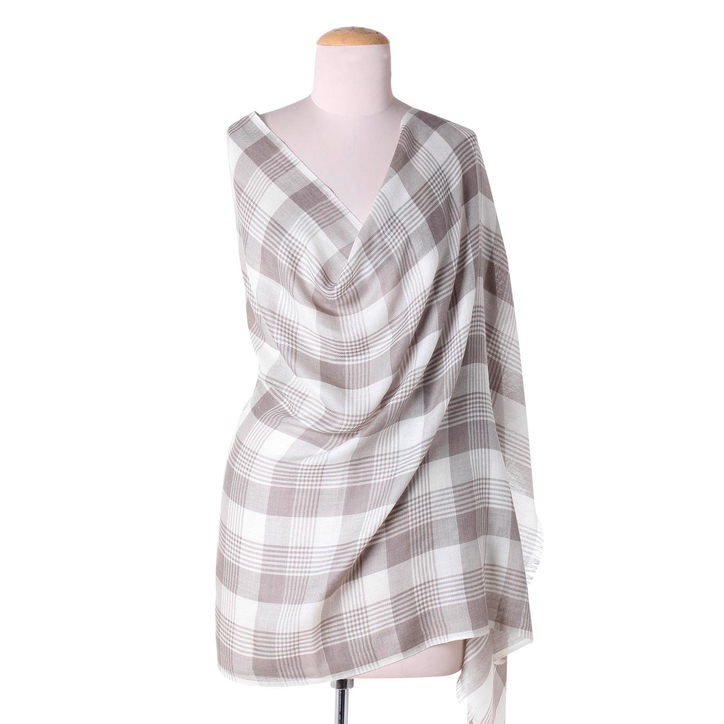 Checkered Grace Wool Taupe Checkered Pattern Traditional Shawl from India
