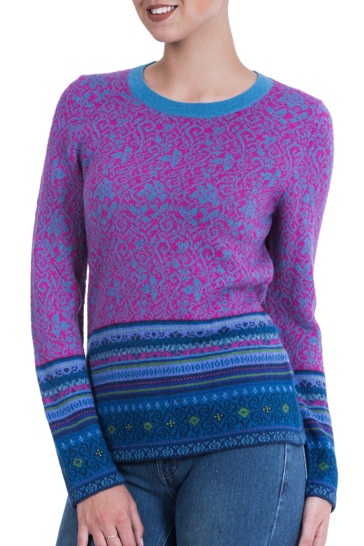 Andean Flowers 100% Alpaca Pullover in Fuchsia Floral from Peru