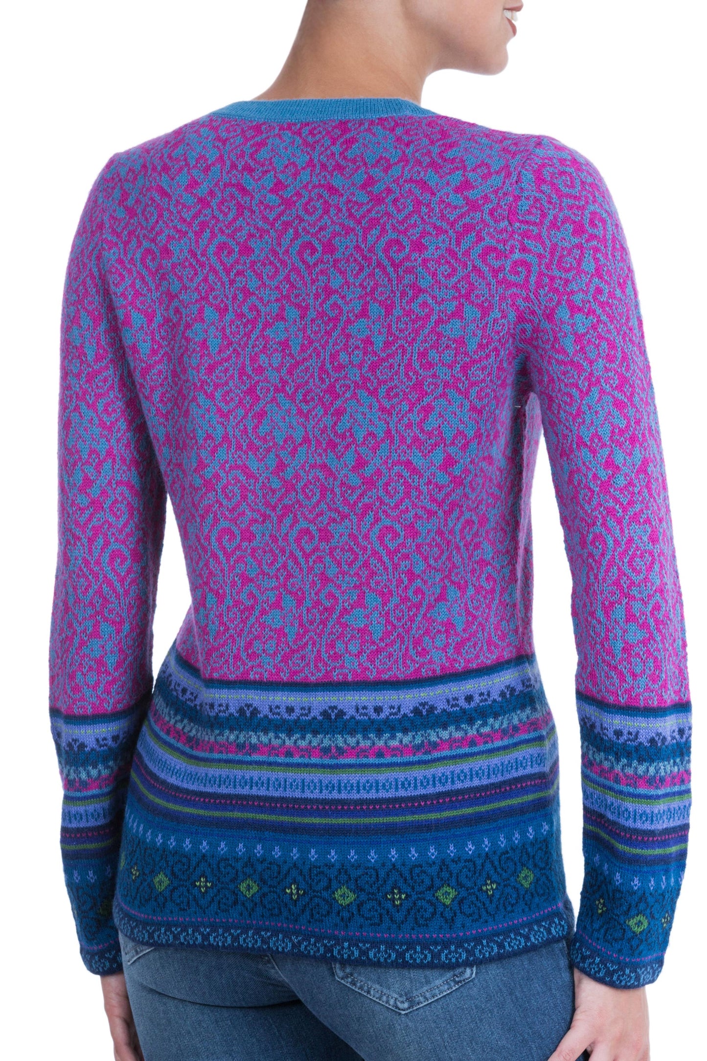 Andean Flowers 100% Alpaca Pullover in Fuchsia Floral from Peru