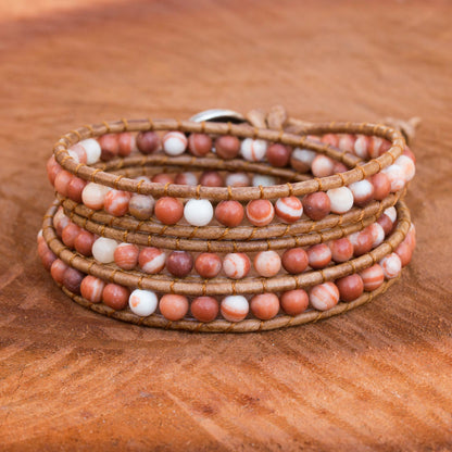 Cozy Brown Thai Jasper and Leather Cord Bracelet with Silver Clasp