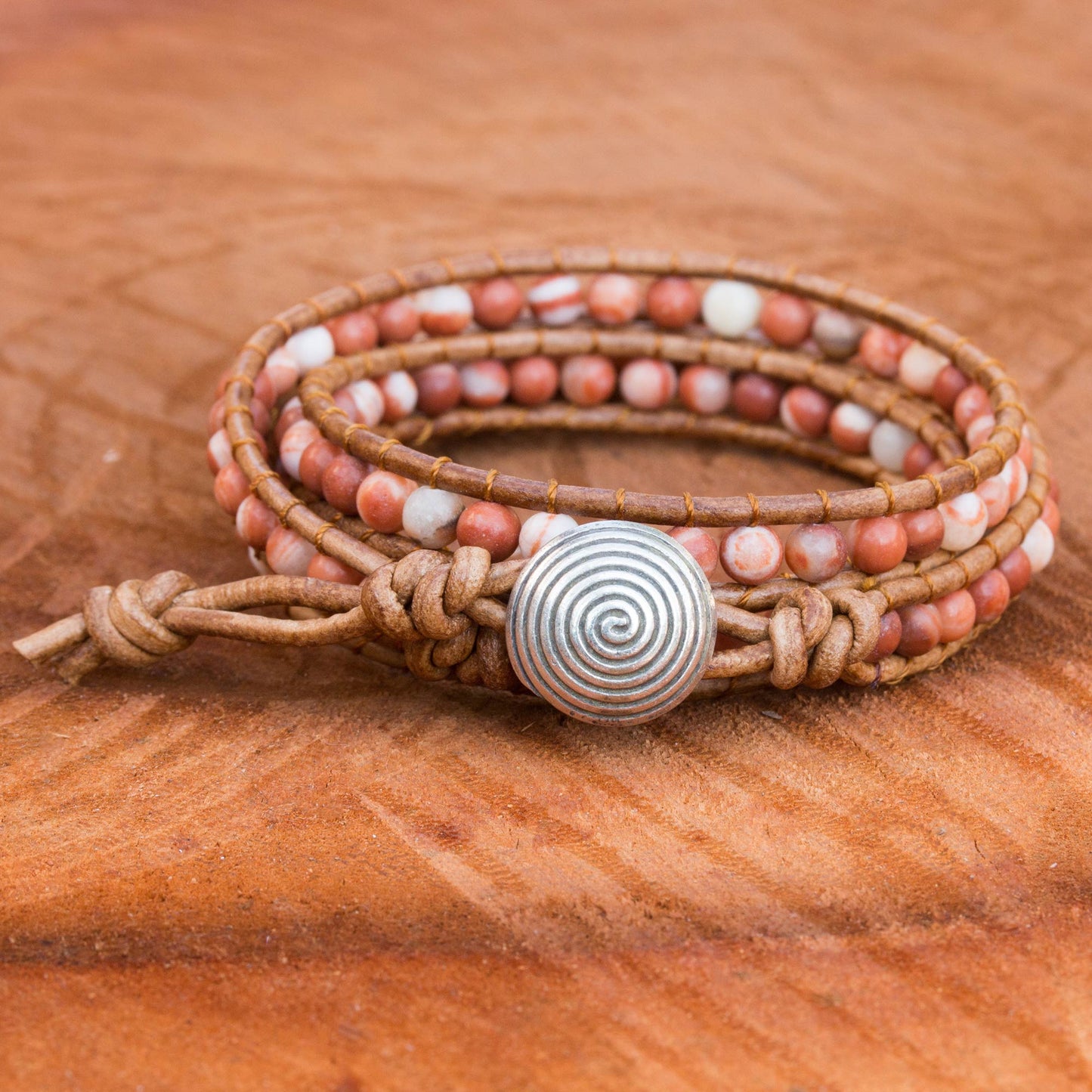 Cozy Brown Thai Jasper and Leather Cord Bracelet with Silver Clasp