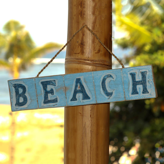 Beach in Sky Blue Hand Carved Beach Wood Sign Agel Grass from Indonesia