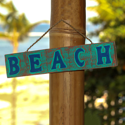 Beach in Turquoise and Red Hand Carved Beach Wood Sign Agel Grass from Indonesia