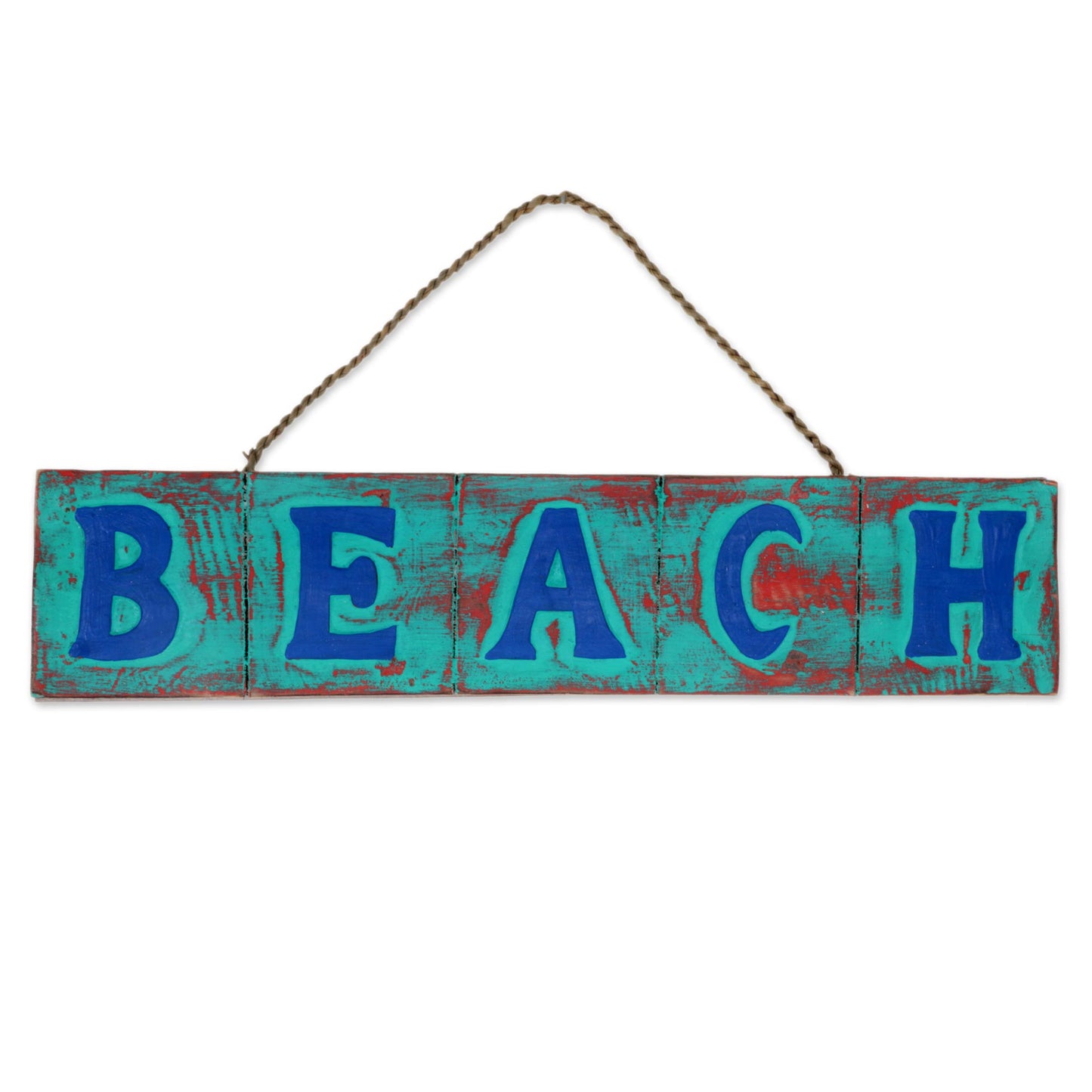 Beach in Turquoise and Red Hand Carved Beach Wood Sign Agel Grass from Indonesia