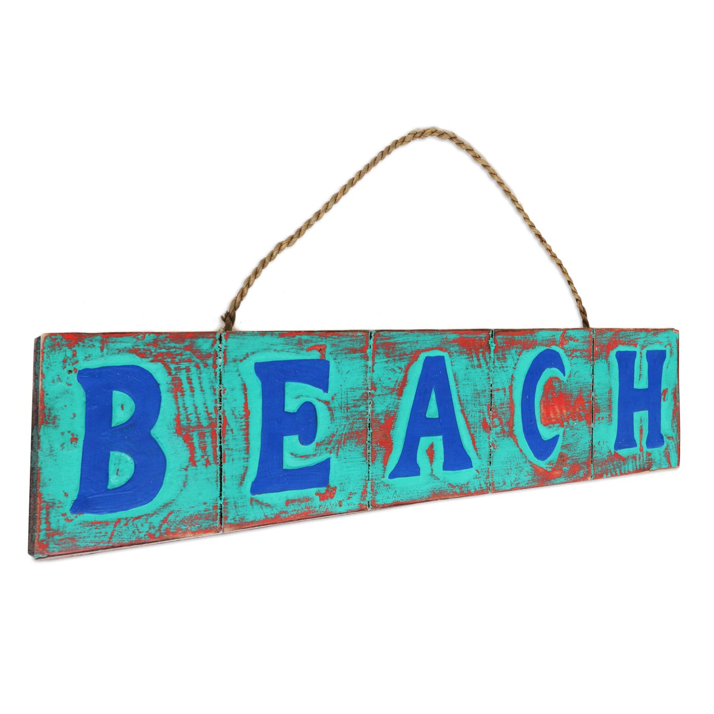 Beach in Turquoise and Red Hand Carved Beach Wood Sign Agel Grass from Indonesia