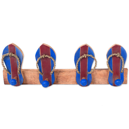 Flip Flops in Maroon and Blue Hand Carved Wood Coat Rack Agel Grass from Indonesia