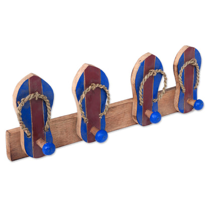 Flip Flops in Maroon and Blue Hand Carved Wood Coat Rack Agel Grass from Indonesia