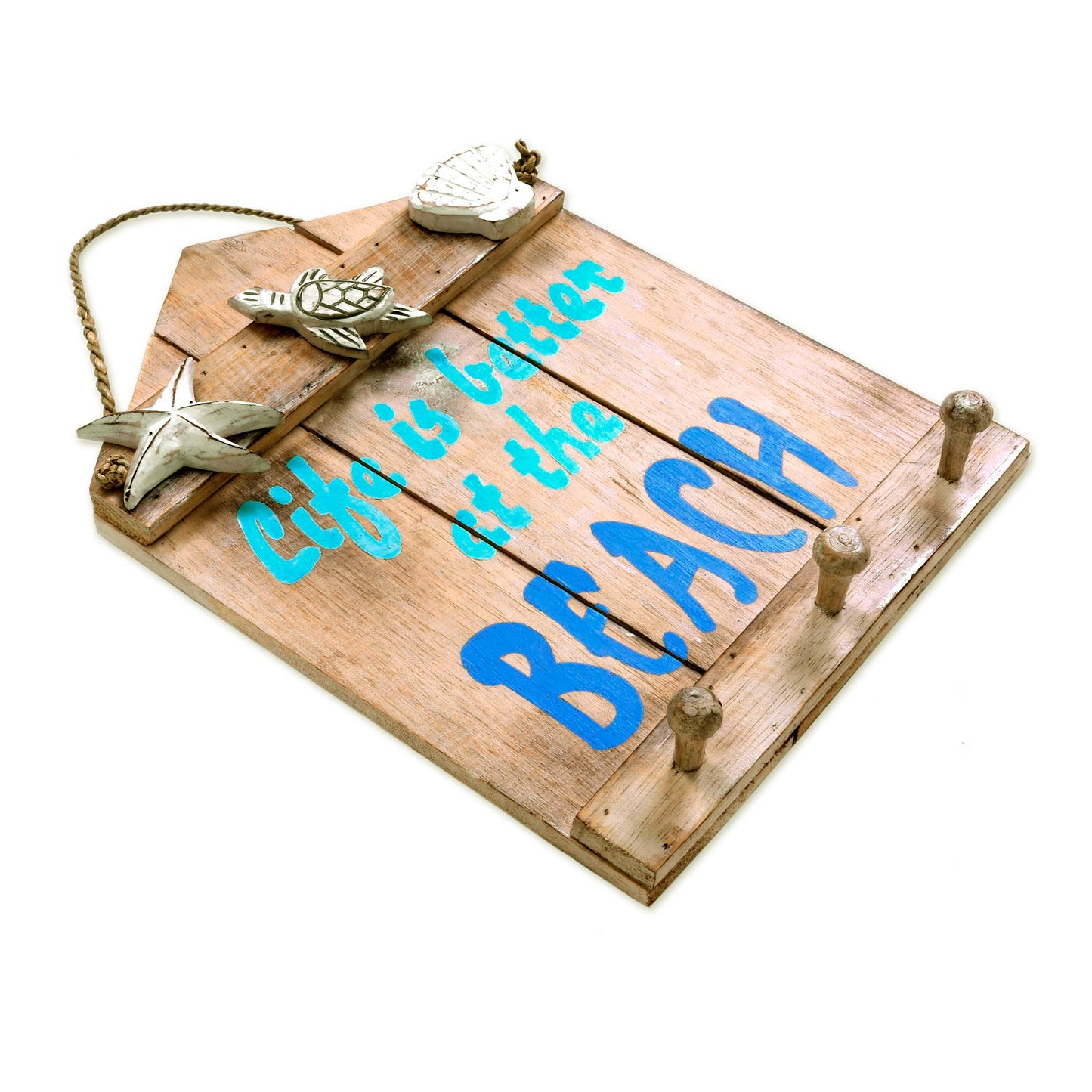 Life is Better at the Beach Beach and Nautical Distressed Wood Coat Rack from Indonesia