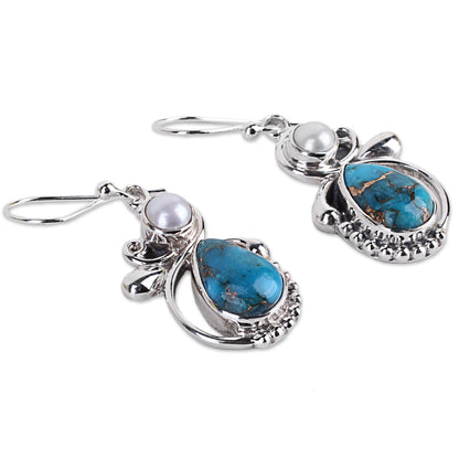 Joyous Blue Sky Silver 925 Cultured Pearl and Composite Turquoise Earrings