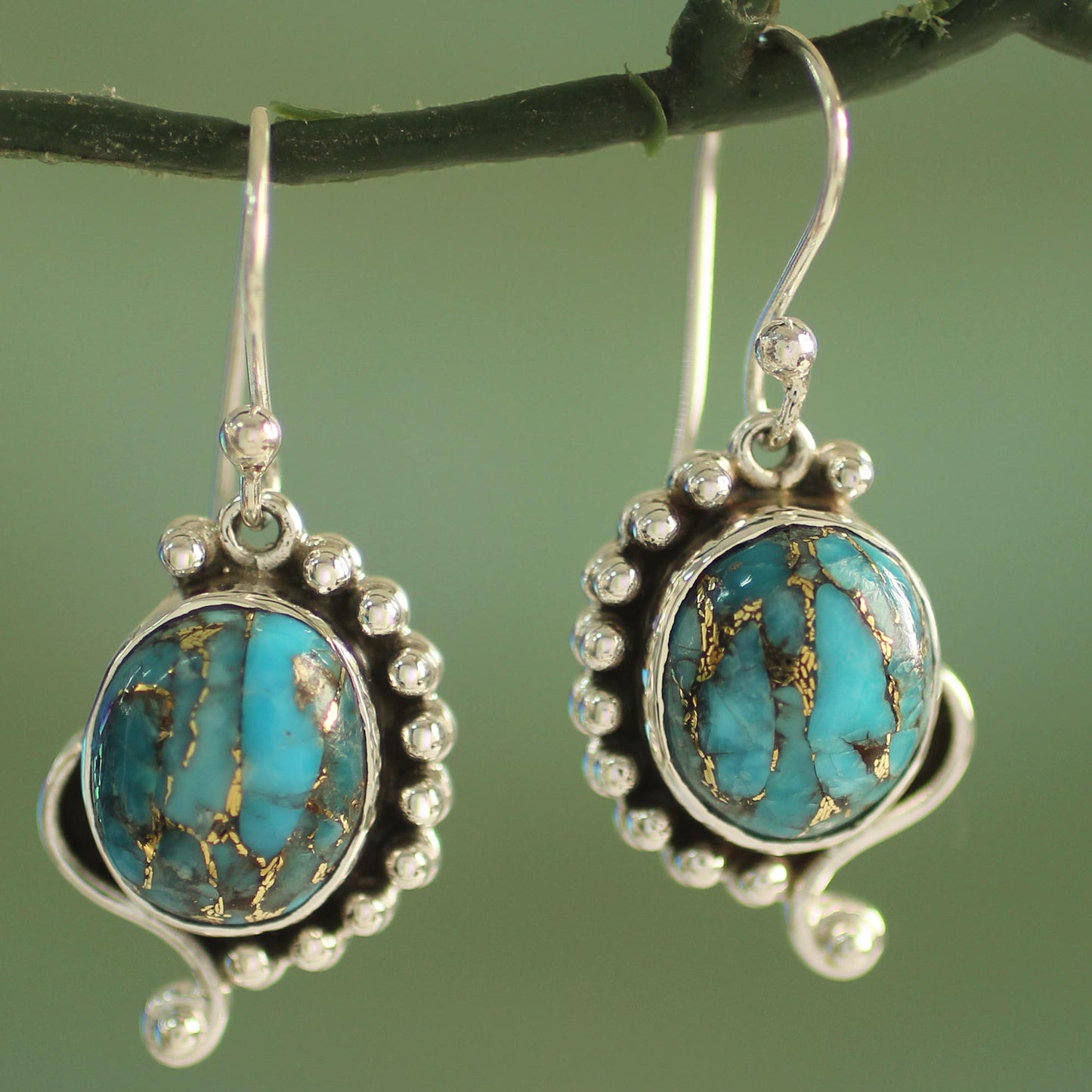 Blue Indian Paisley Handcrafted Composite Turquoise Sterling Silver Earrings