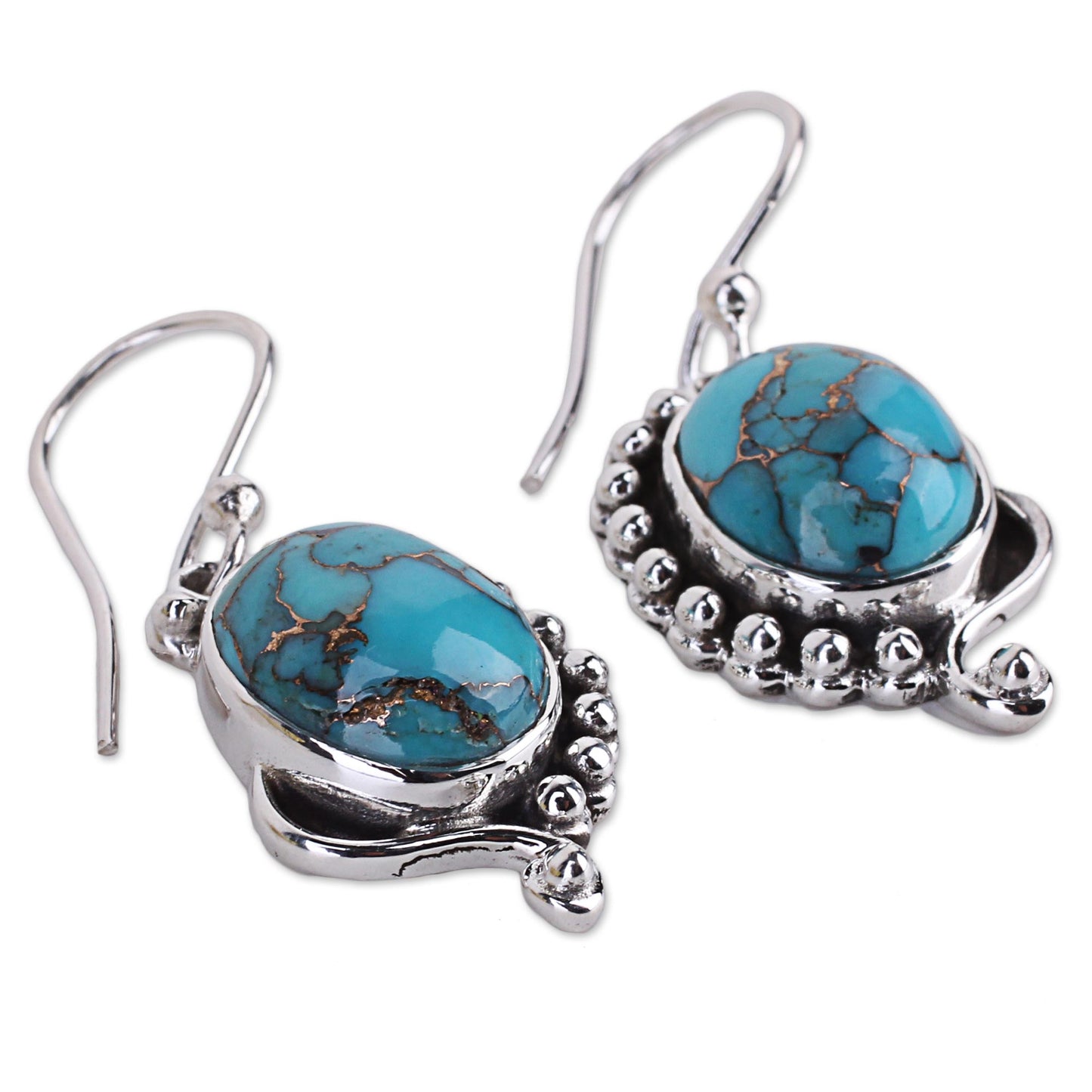 Blue Indian Paisley Handcrafted Composite Turquoise Sterling Silver Earrings