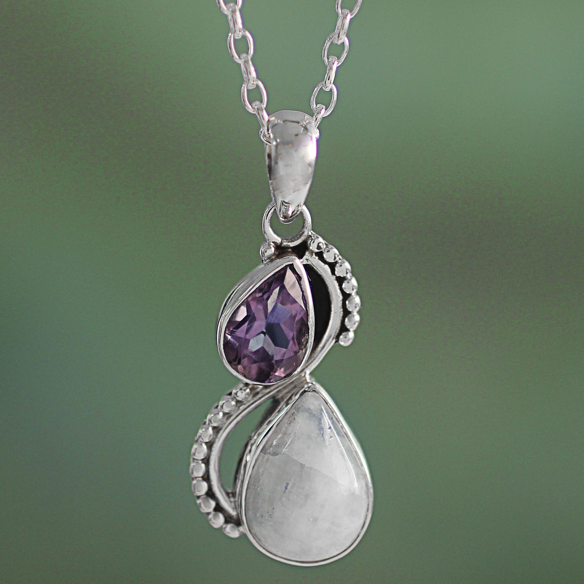 NOVICA Two Teardrops Amethyst Moonstone Silver Pendant Necklace