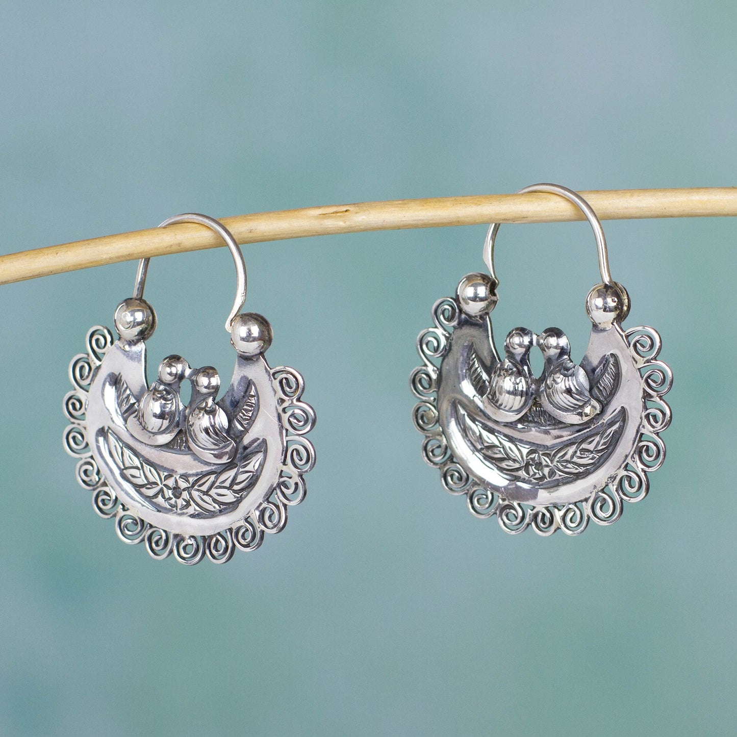 Mazahua Lovebirds Artisan Crafted Silver Mazahua Style Sterling Hoop Earrings