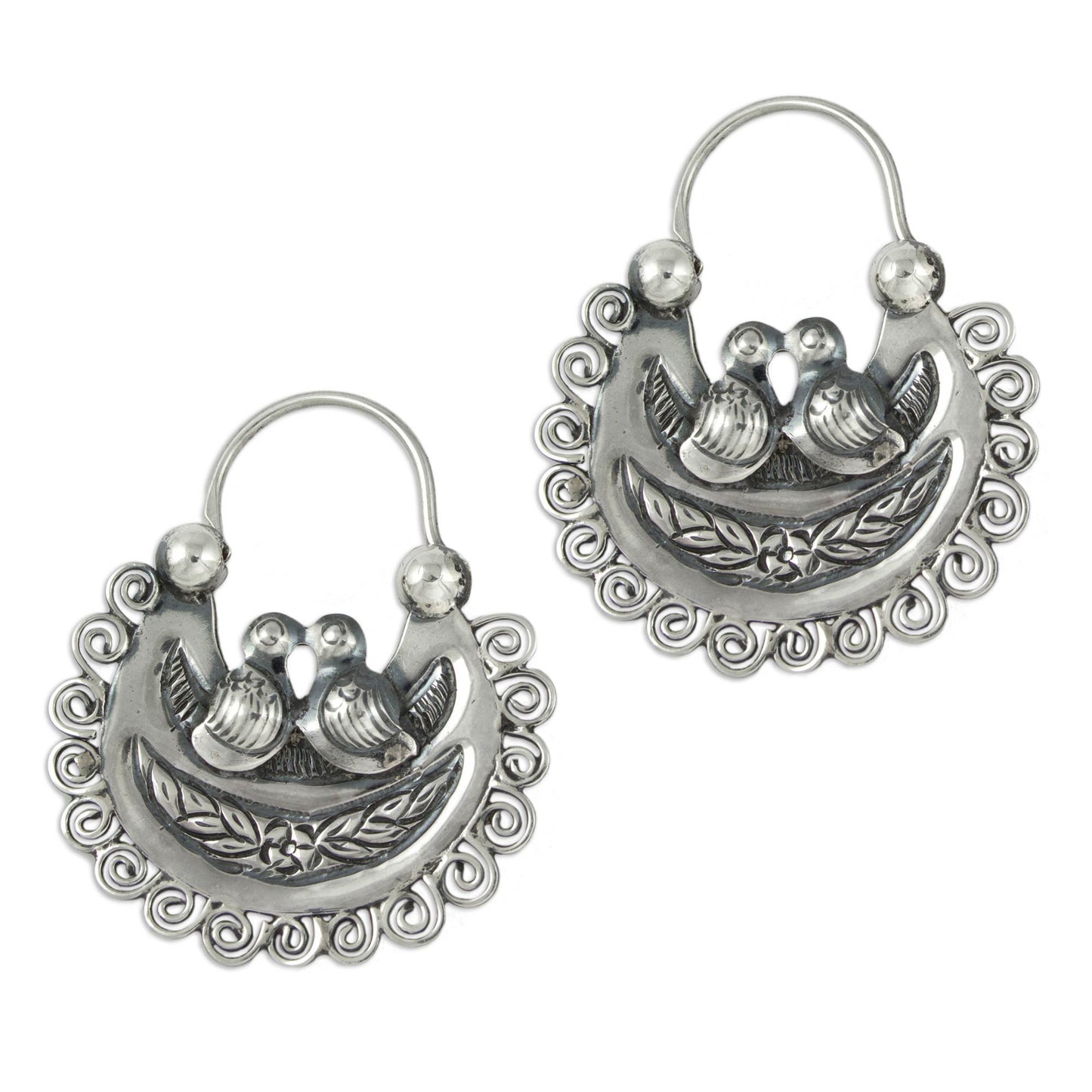 Mazahua Lovebirds Artisan Crafted Silver Mazahua Style Sterling Hoop Earrings