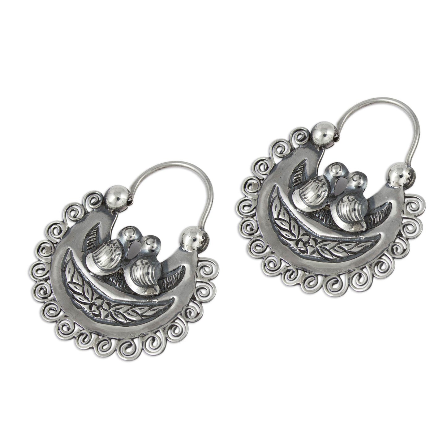 Mazahua Lovebirds Artisan Crafted Silver Mazahua Style Sterling Hoop Earrings