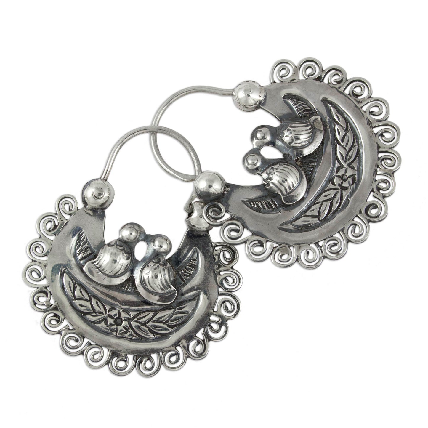 Mazahua Lovebirds Artisan Crafted Silver Mazahua Style Sterling Hoop Earrings