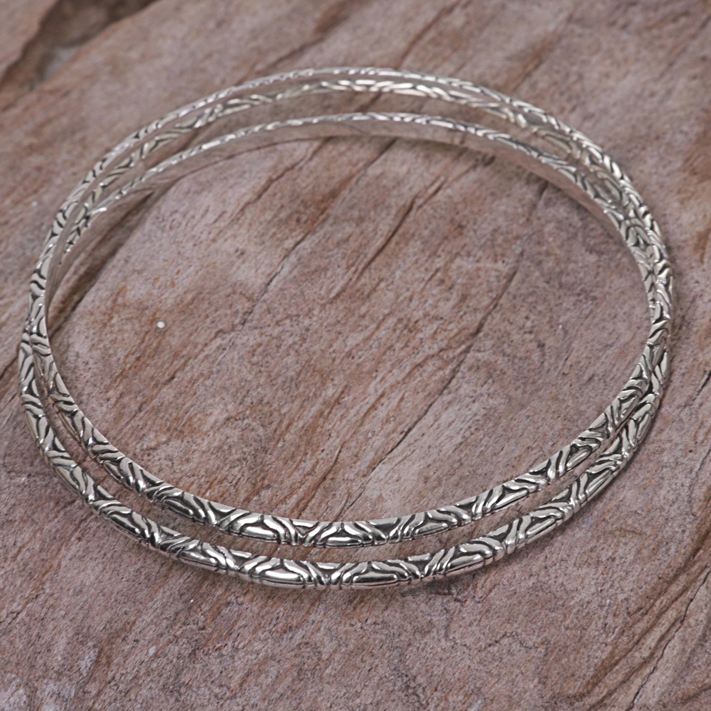 Indonesian Moon Two 925 Sterling Silver Handmade Engraved Bangles from Bali