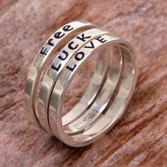 Free Luck Love Balinese Inspirational Silver Stacking Rings (Set of 3)