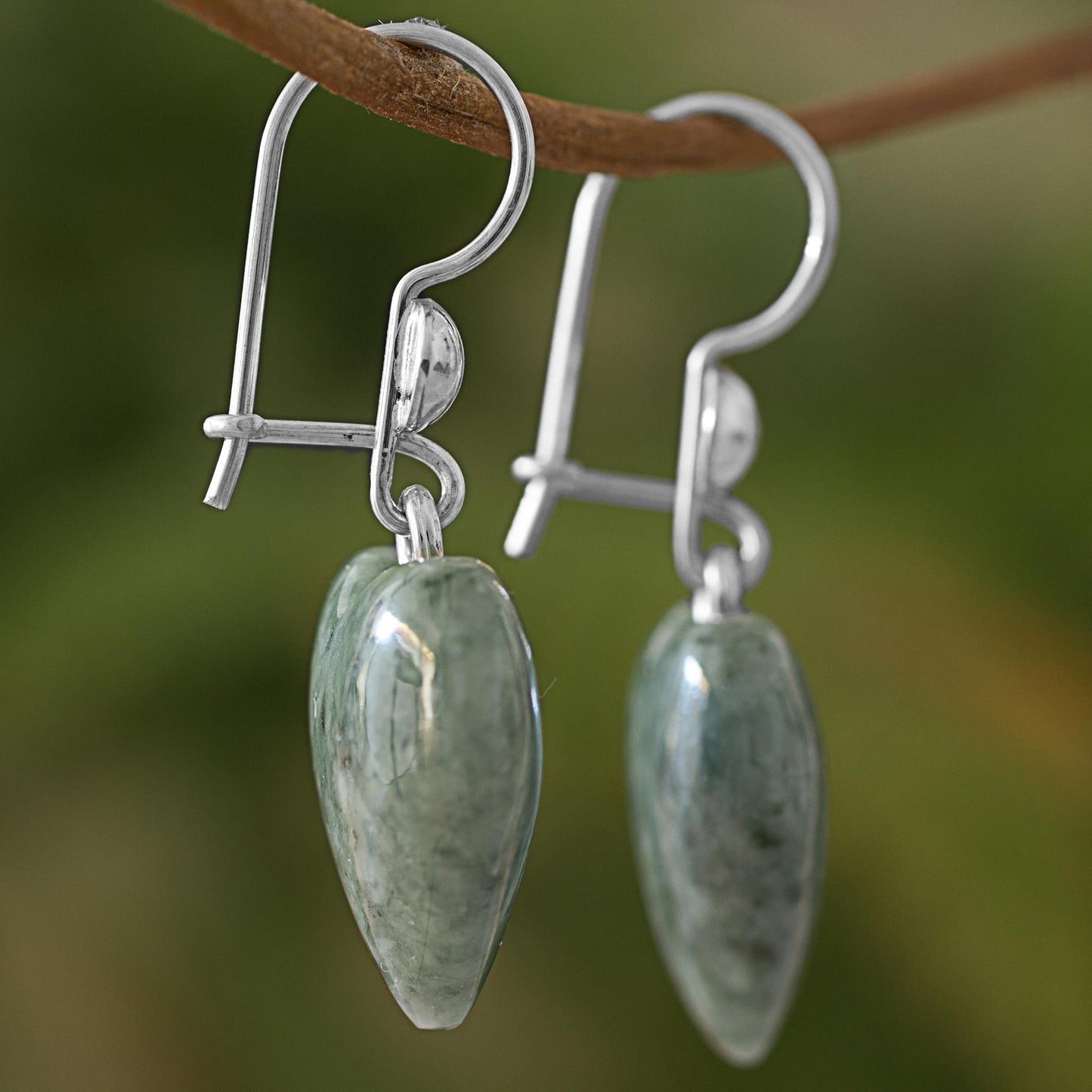 Mayan Heart in Green Green Heart Shaped Jade Silver Dangle Earrings Guatemala