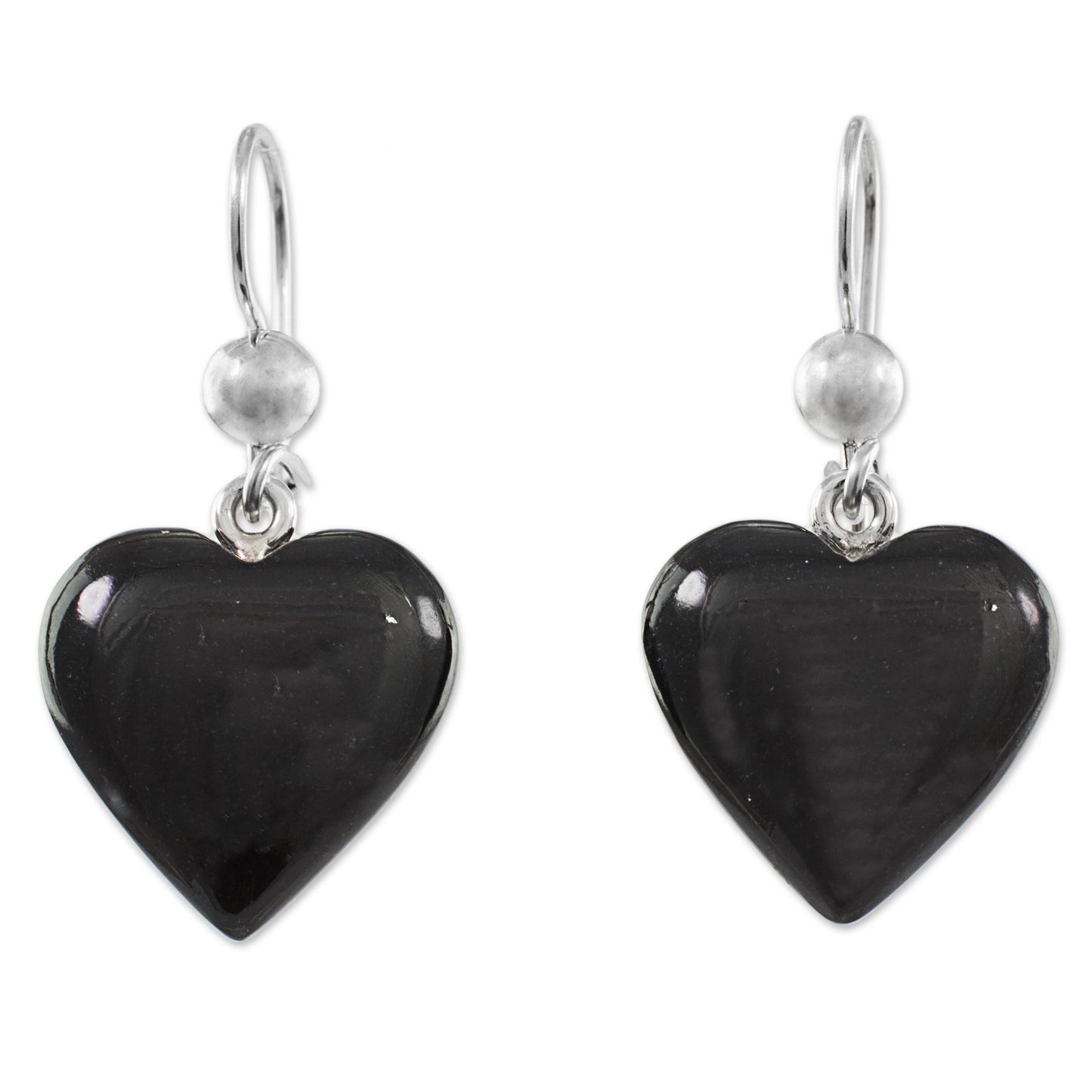 Mayan Heart in Black Black Heart Shaped Jade Silver Dangle Earrings Guatemala