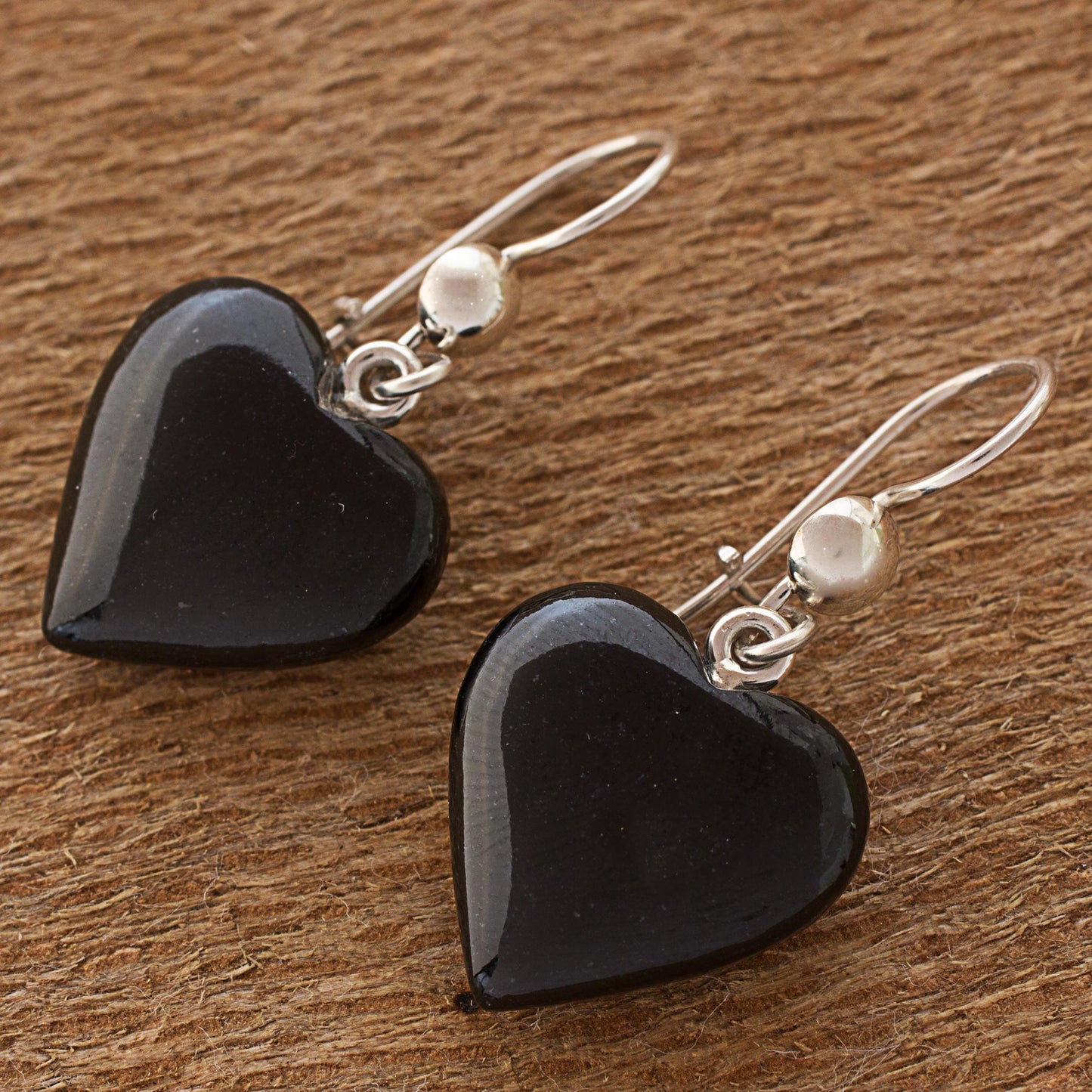 Mayan Heart in Black Black Heart Shaped Jade Silver Dangle Earrings Guatemala