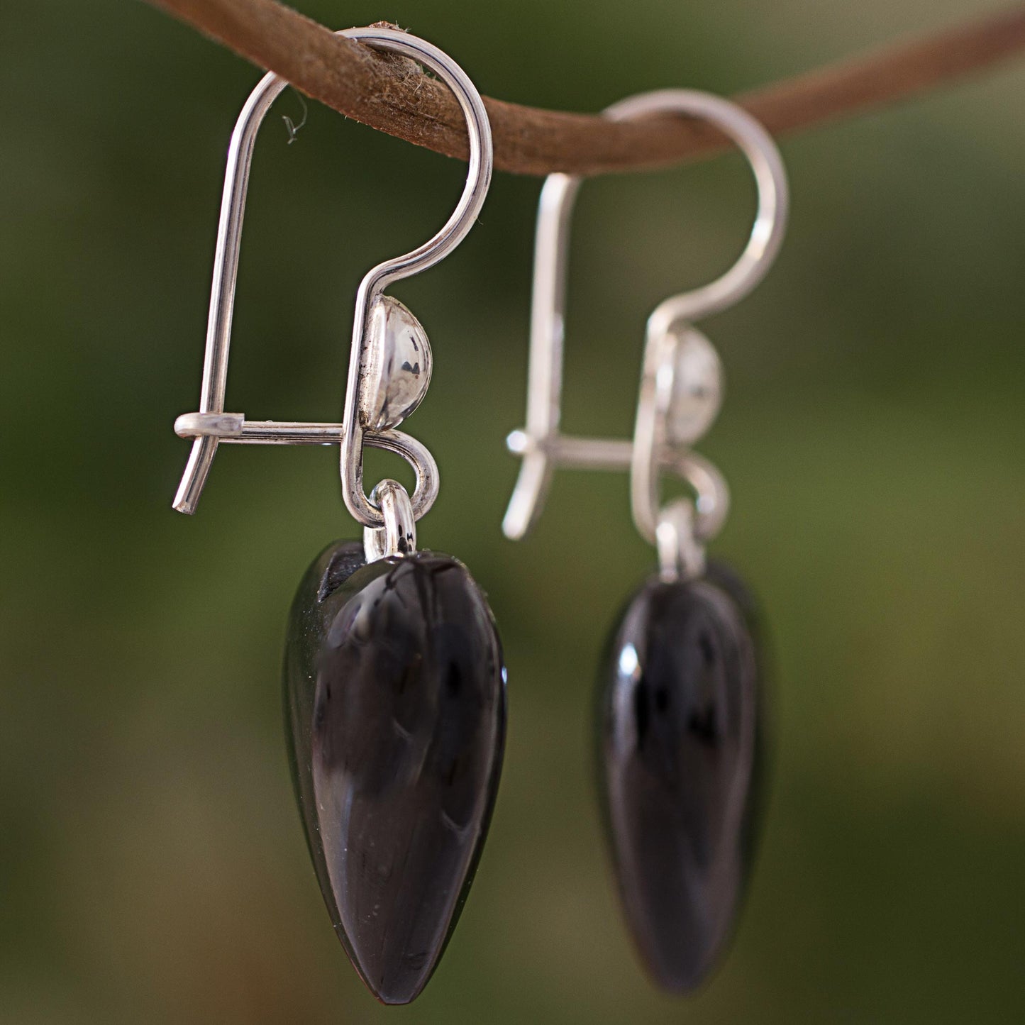 Mayan Heart in Black Black Heart Shaped Jade Silver Dangle Earrings Guatemala