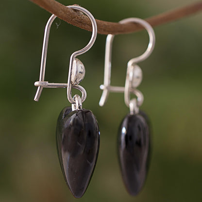 Mayan Heart in Black Black Heart Shaped Jade Silver Dangle Earrings Guatemala