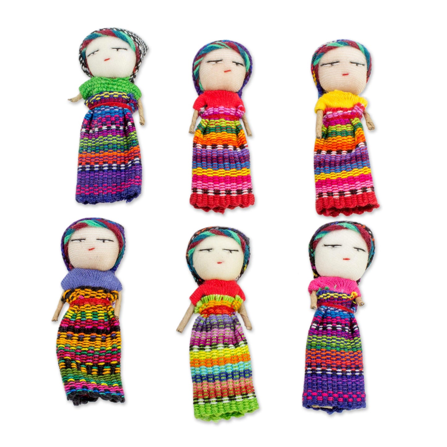 Country Treasures Six Cotton Worry Dolls and Pinewood Boxes from Guatemala