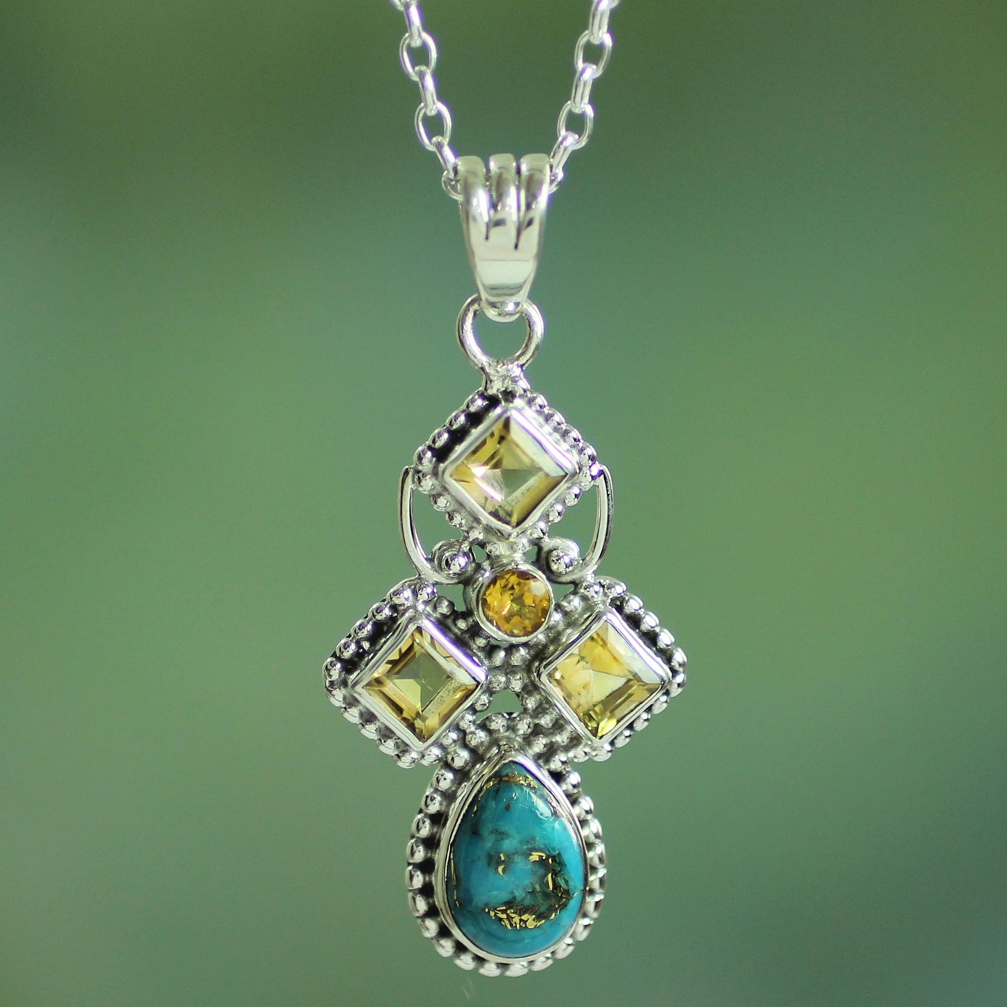 Geometric Illusions in Yellow Citrine and Composite Turquoise Sterling Silver Necklace