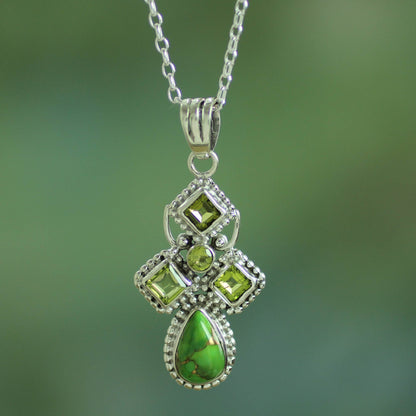 Geometric Illusions in Green Green Peridot and Composite Turquoise India Silver Necklace