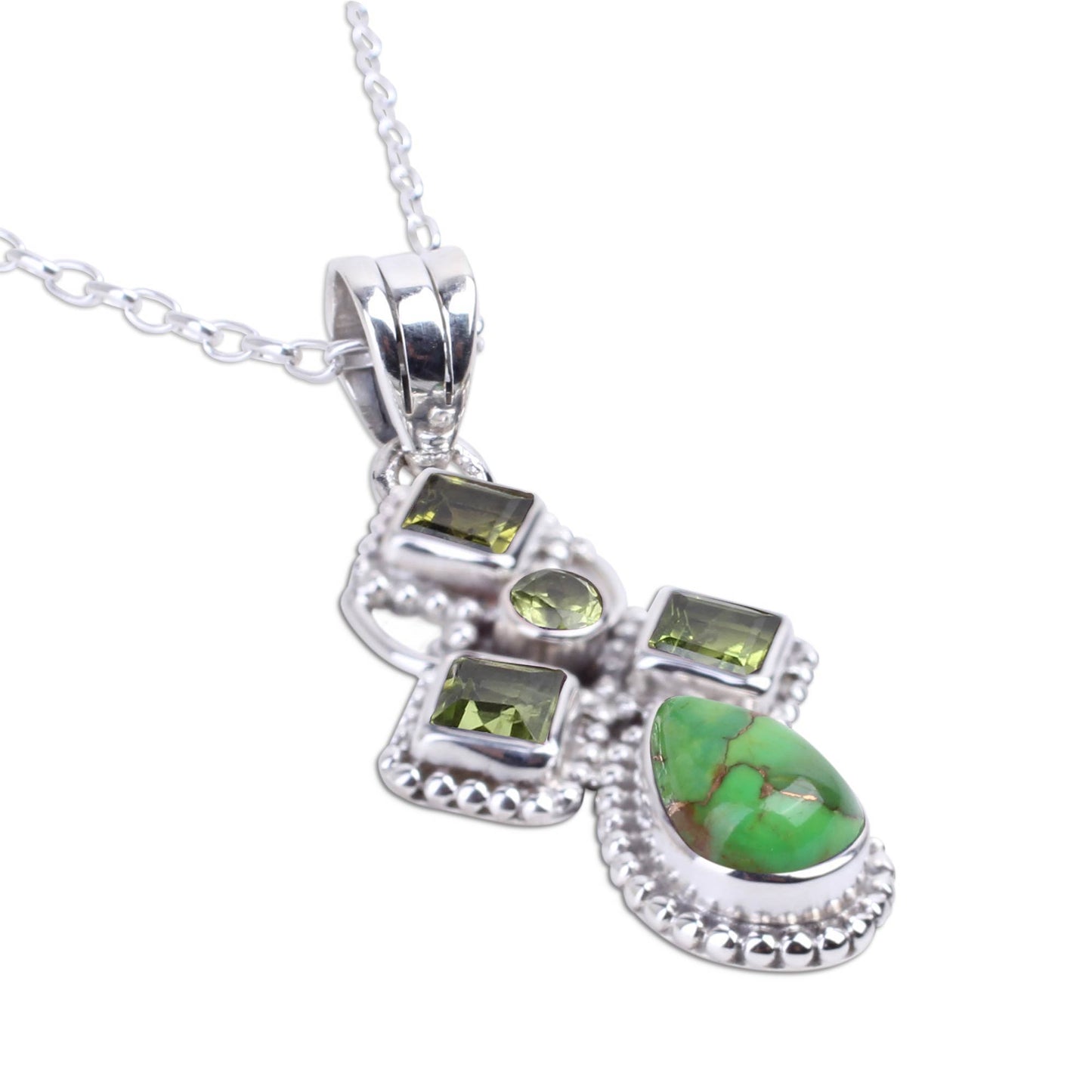 Geometric Illusions in Green Green Peridot and Composite Turquoise India Silver Necklace