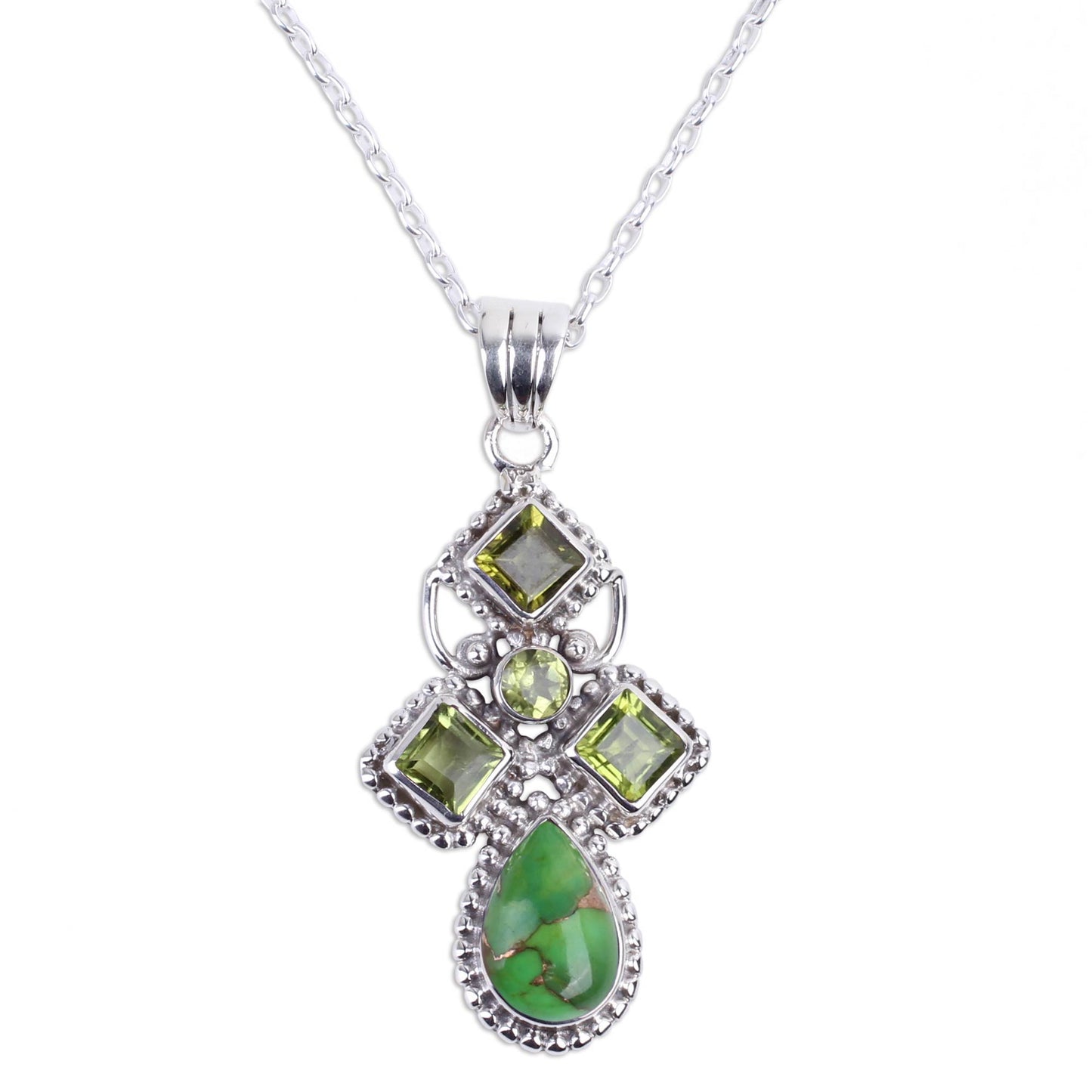 Geometric Illusions in Green Green Peridot and Composite Turquoise India Silver Necklace