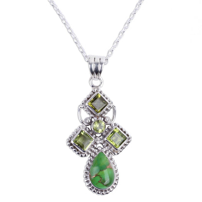 Geometric Illusions in Green Green Peridot and Composite Turquoise India Silver Necklace