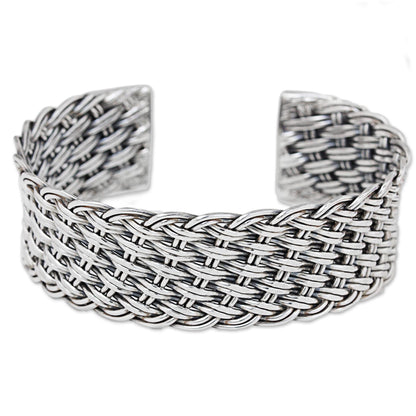 Hill Tribe Basketweave Thai Handcrafted Woven Sterling Silver Cuff Bracelet