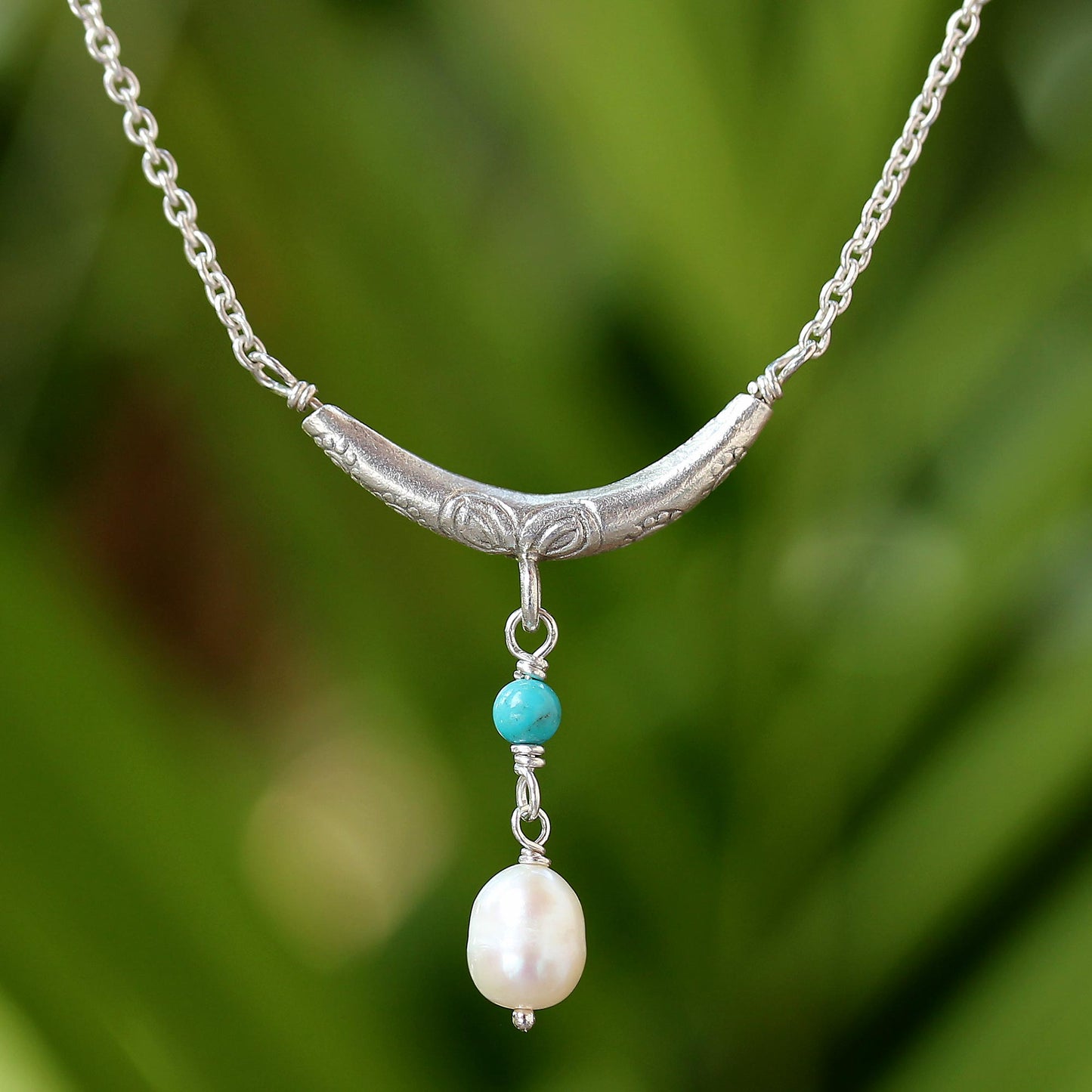 Moon and Starlight Cultured Pearl and Calcite Pendant Necklace from Thailand