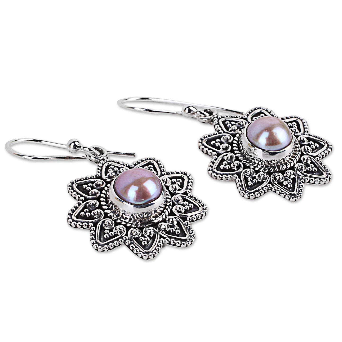 Passionate Flower Cultured Pearl Sterling Silver Dangle Earrings from India