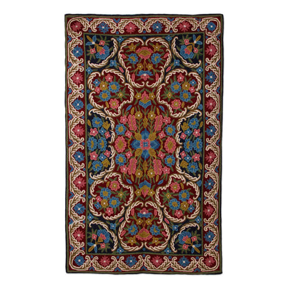 Kashmir Festival II Handmade Wool Chain Stitch Rug in Floral Pattern (3x5)