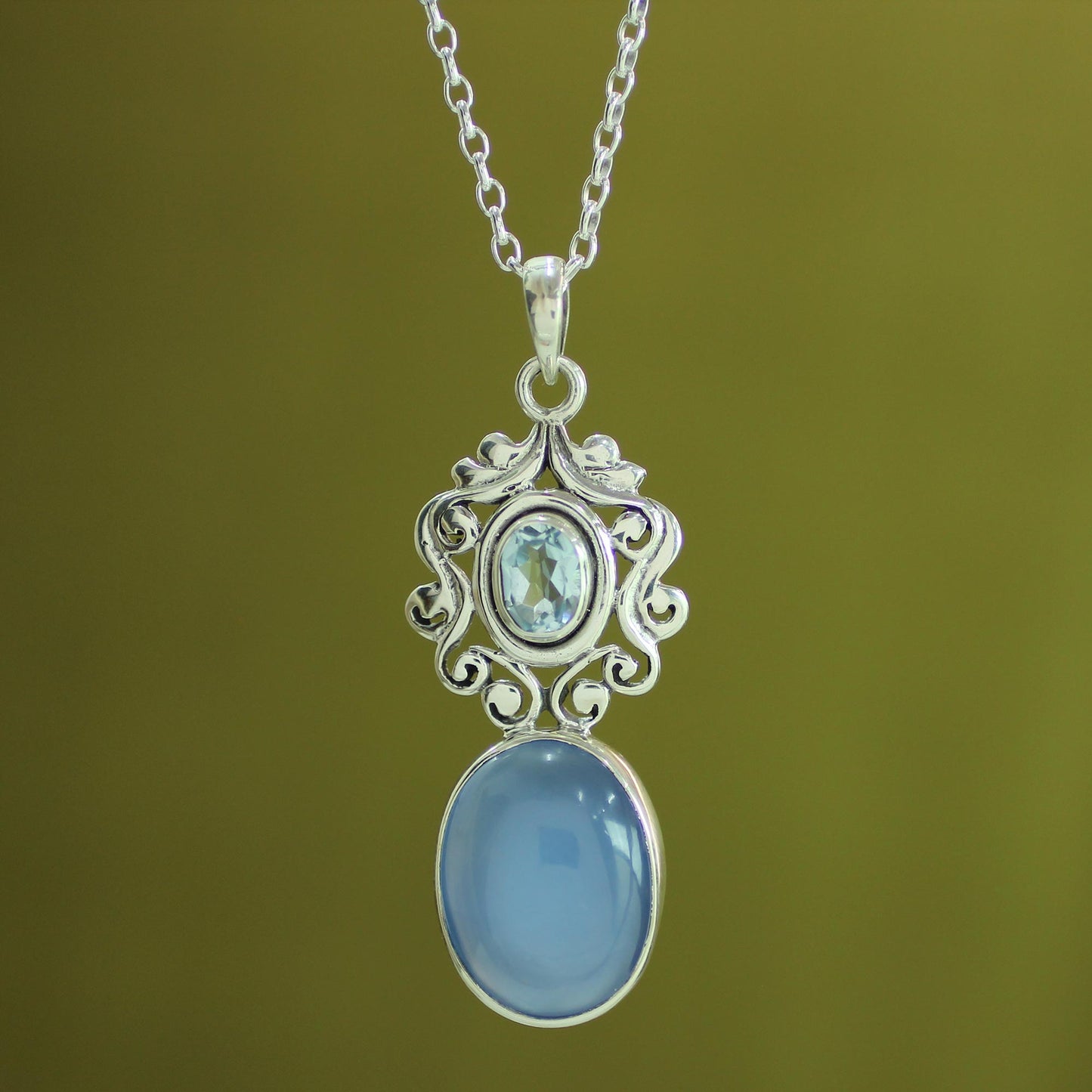 Harmonious Blue Handcrafted Blue Chalcedony and Topaz Pendant Necklace