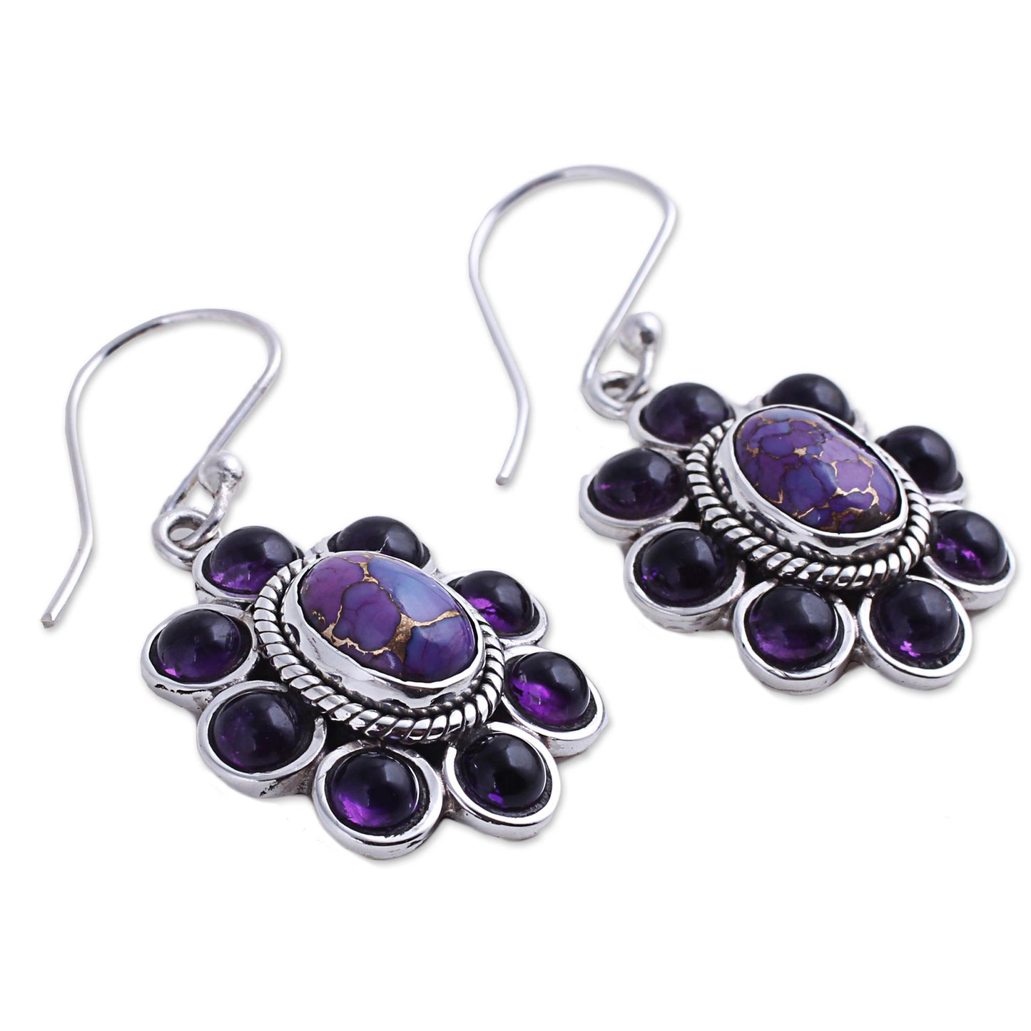 Purple Blossoms Amethyst and Purple Composite Turquoise Dangle Earrings