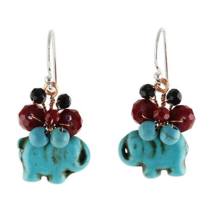 Welcoming Elephant in Blue Blue Calcite and Glass Bead Elephant Dangle Earrings