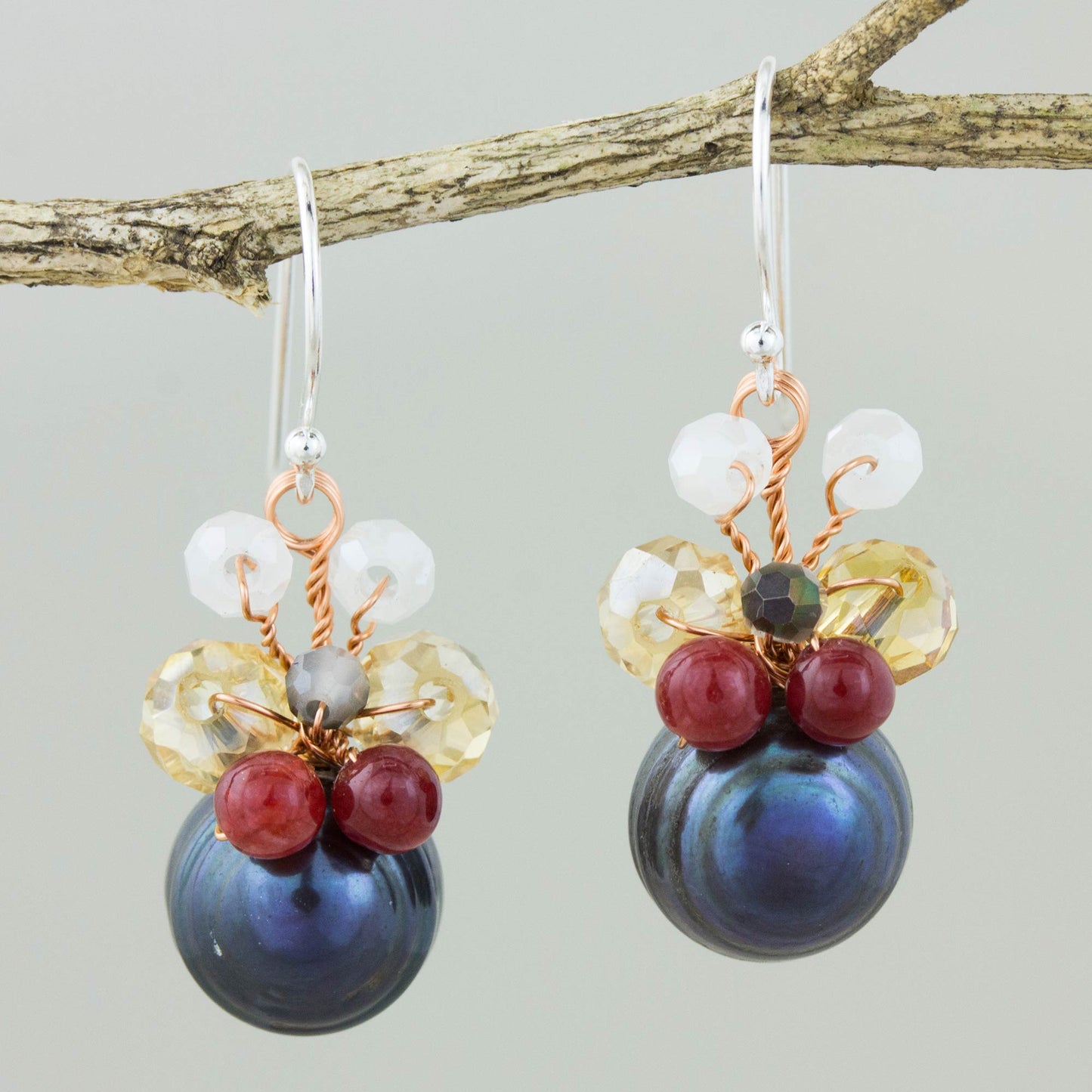 Butterfly Party in Black Quartz Pearl & Silver Dangle Earrings