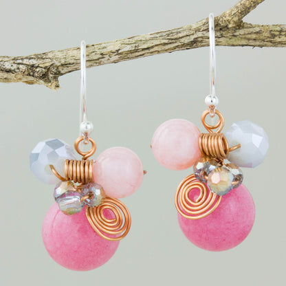 Pink Bubbles Pink Quartz and Glass Bead Dangle Earrings with Copper