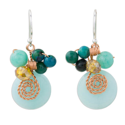 Moonlight Garden in Aqua Serpentine Quartz and Glass Bead Dangle Earrings with Copper