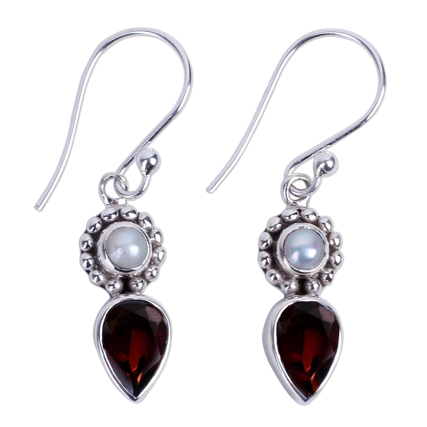 Garnet & Pearl Tear Dangle Earrings